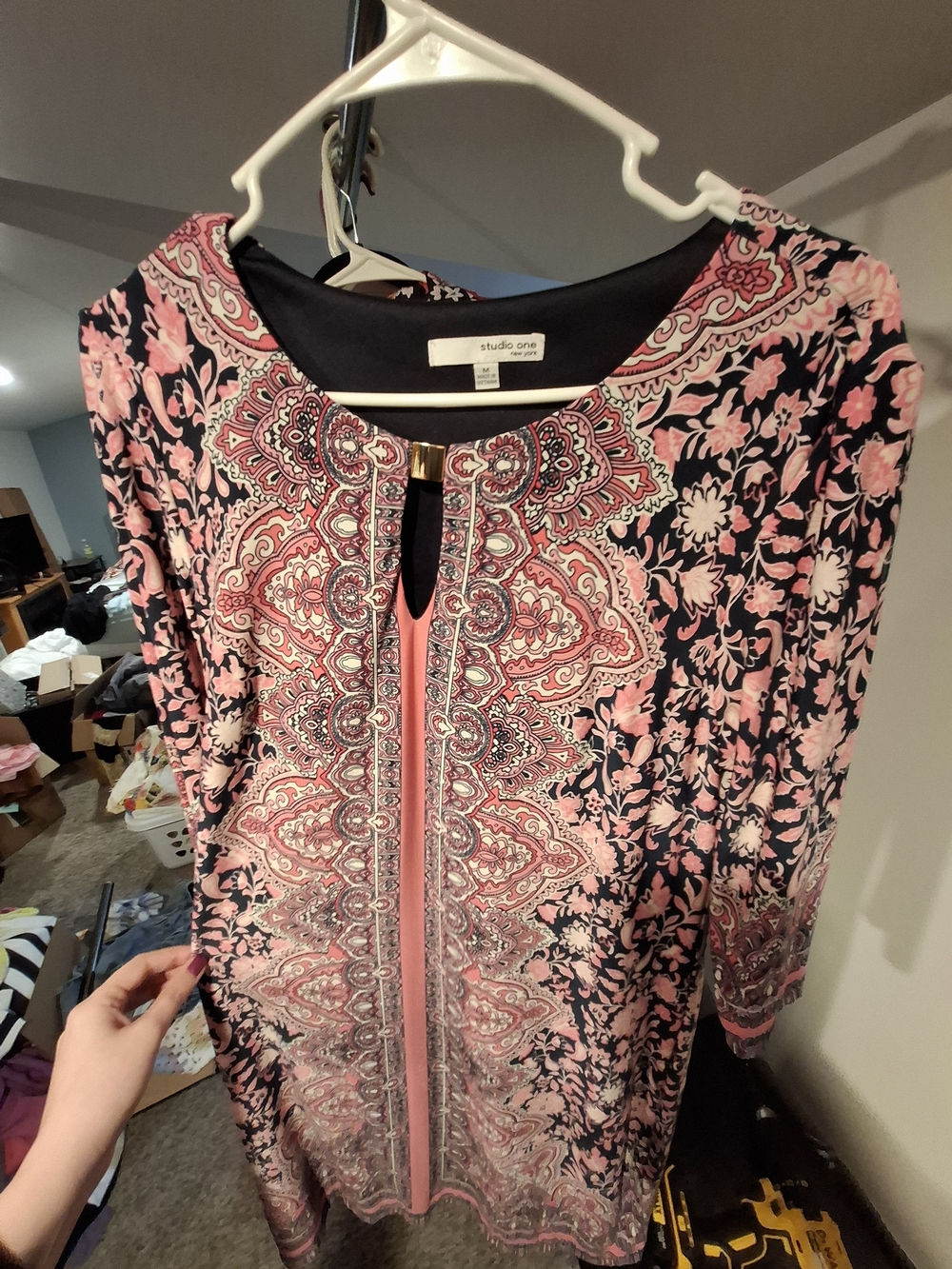 Studio One Navy and Pink Paisley-Print Tunic with Center Trim